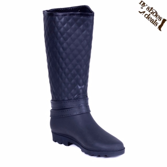 Women Rainboots, Black Quilted Rider Rubber Rain Boots, NEW - Picture 1 of 4